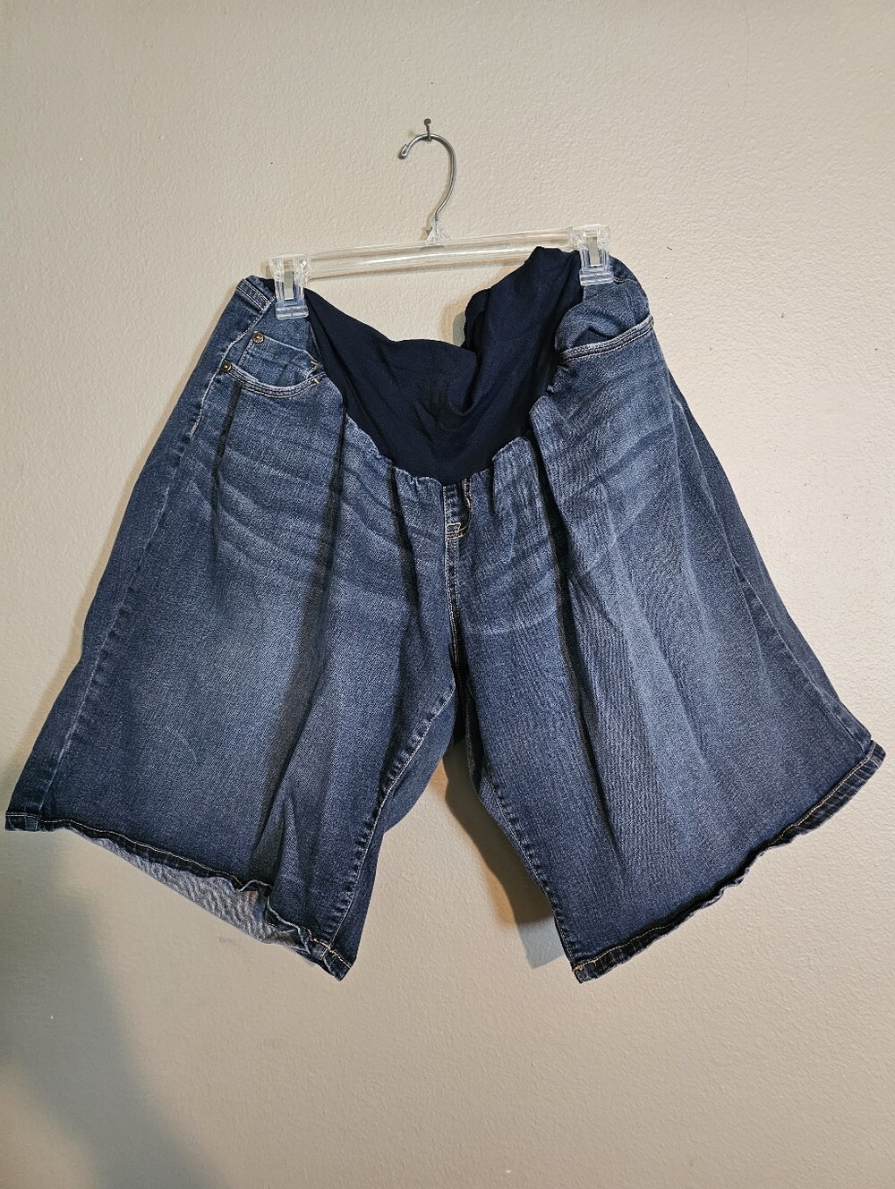 Dark Wash Denim Maternity Shorts with Stretch Panel
